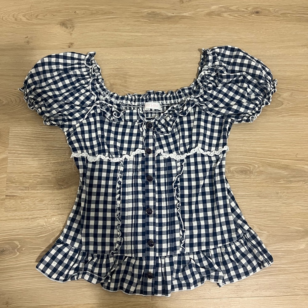 LIZ LISA Gingham Babydoll Blouse with Ruffle Trim